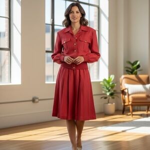 Vintage Neiman Marcus Red Linen Retro Pleated Skirt Suit 8